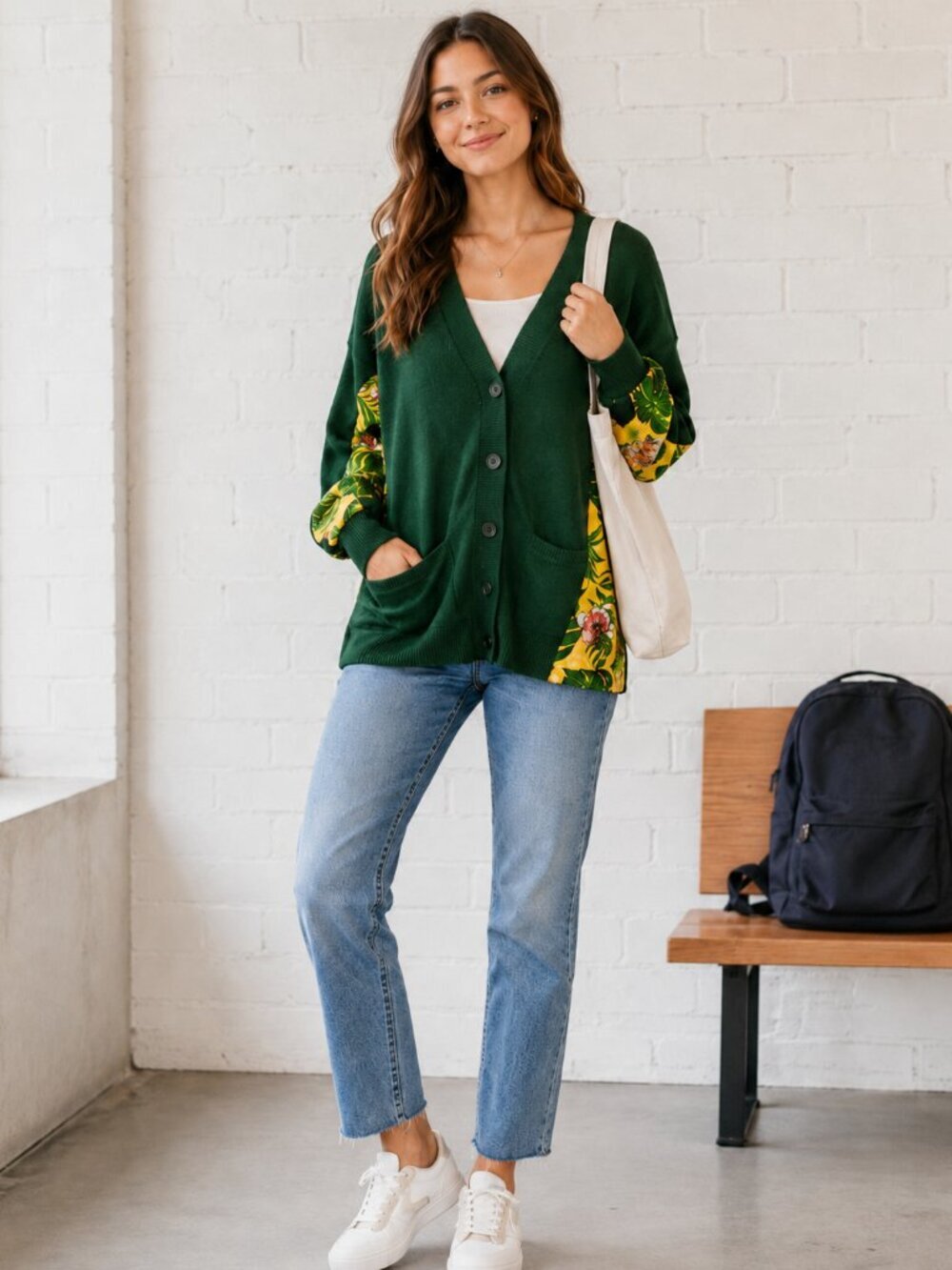 Free People x Sandrine Tropical Palm Tree Mixed Media Cardigan Sweaterl Small